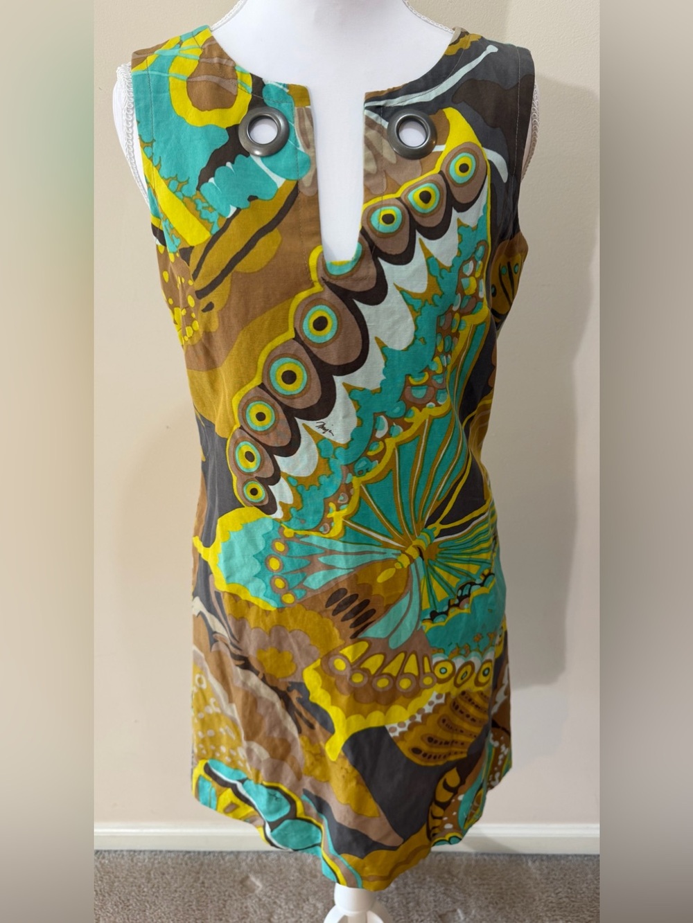 Trina Turk Sleeveless Mini Dress with Bold Yellow and Brown Pattern Size 0